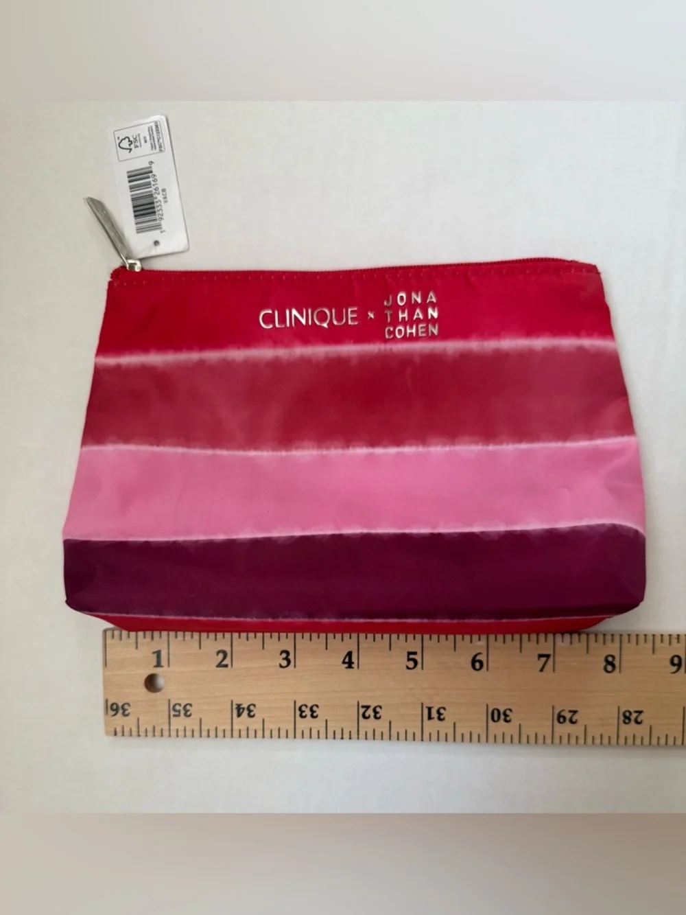 Clinique x Jonathan Cohen Zip Top Cosmetic Bag Red to Pink Ombre Striped
